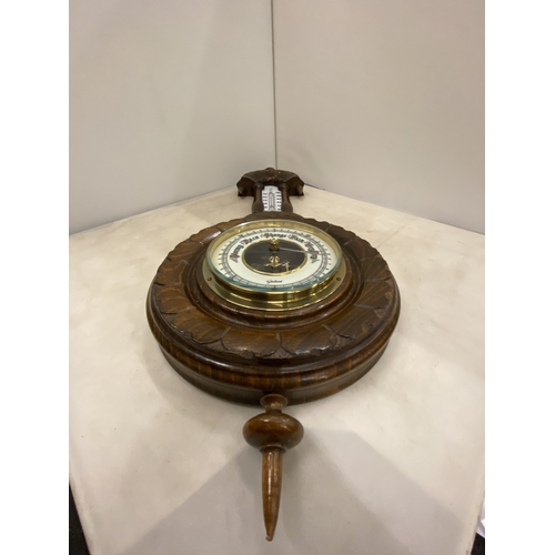 36 - A JULIUS GISCHARD WOODEN ANEROID BANJO BAROMETER THERMOMETER WITH PORCELAIN DIAL