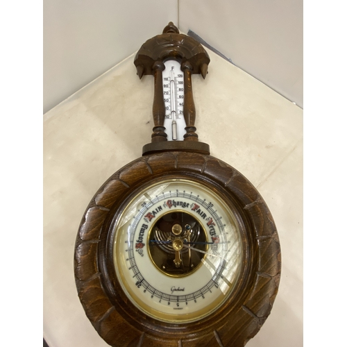 36 - A JULIUS GISCHARD WOODEN ANEROID BANJO BAROMETER THERMOMETER WITH PORCELAIN DIAL