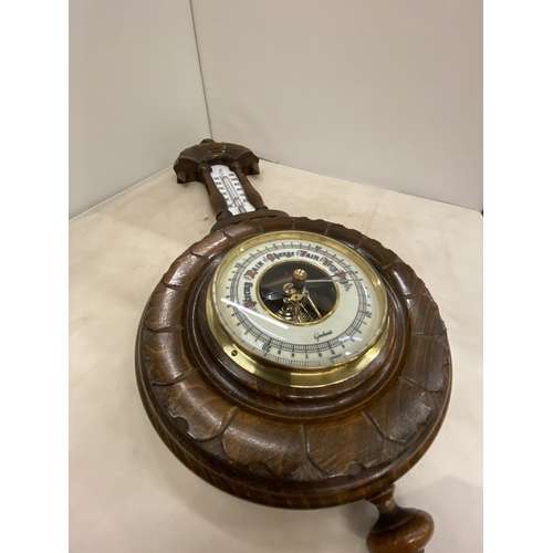 36 - A JULIUS GISCHARD WOODEN ANEROID BANJO BAROMETER THERMOMETER WITH PORCELAIN DIAL