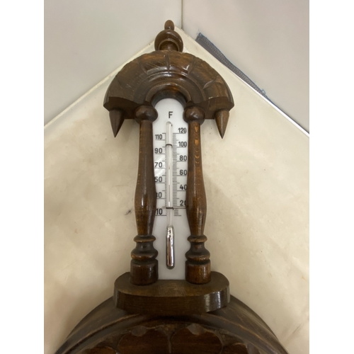 36 - A JULIUS GISCHARD WOODEN ANEROID BANJO BAROMETER THERMOMETER WITH PORCELAIN DIAL