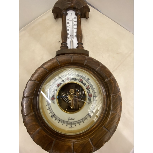 36 - A JULIUS GISCHARD WOODEN ANEROID BANJO BAROMETER THERMOMETER WITH PORCELAIN DIAL