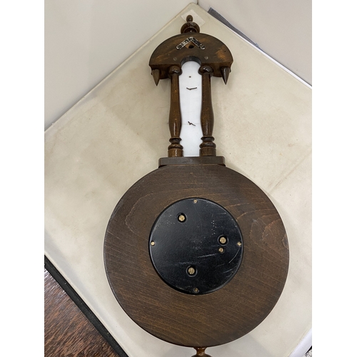36 - A JULIUS GISCHARD WOODEN ANEROID BANJO BAROMETER THERMOMETER WITH PORCELAIN DIAL
