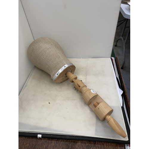 56 - A VINTAGE WOODROW & SONS CANVAS MILLINERS HAT FORM AND OAK ADJUSTABLE TABLE CLAMP