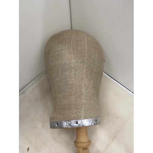 56 - A VINTAGE WOODROW & SONS CANVAS MILLINERS HAT FORM AND OAK ADJUSTABLE TABLE CLAMP
