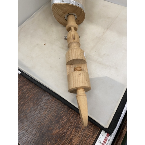56 - A VINTAGE WOODROW & SONS CANVAS MILLINERS HAT FORM AND OAK ADJUSTABLE TABLE CLAMP