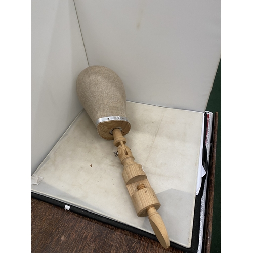 56 - A VINTAGE WOODROW & SONS CANVAS MILLINERS HAT FORM AND OAK ADJUSTABLE TABLE CLAMP