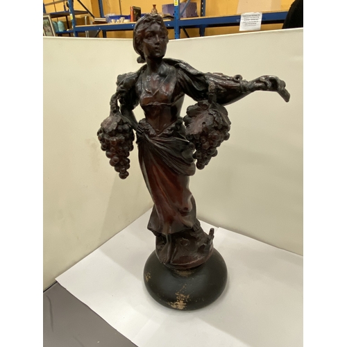 12 - A VINTAGE SPELTER FIGURE OF A LADY WITH GRAPES, HEIGHT 42CM