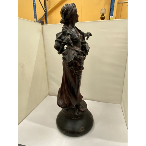 12 - A VINTAGE SPELTER FIGURE OF A LADY WITH GRAPES, HEIGHT 42CM