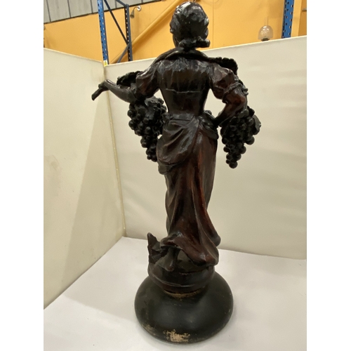 12 - A VINTAGE SPELTER FIGURE OF A LADY WITH GRAPES, HEIGHT 42CM