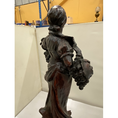 12 - A VINTAGE SPELTER FIGURE OF A LADY WITH GRAPES, HEIGHT 42CM