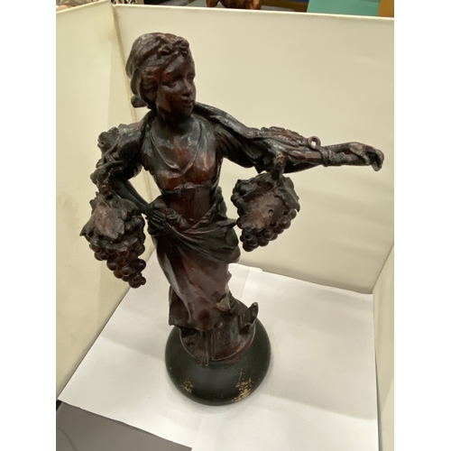12 - A VINTAGE SPELTER FIGURE OF A LADY WITH GRAPES, HEIGHT 42CM