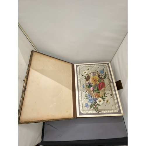 13 - A VICTORIAN LEATHER MUSICAL PHOTO ALBUM CONTAINING PHOTOS, WITH KEY (KEY IN OFFICE)