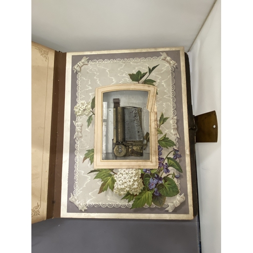 13 - A VICTORIAN LEATHER MUSICAL PHOTO ALBUM CONTAINING PHOTOS, WITH KEY (KEY IN OFFICE)