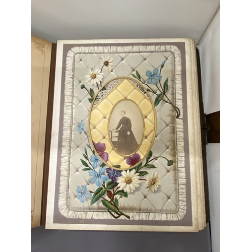 13 - A VICTORIAN LEATHER MUSICAL PHOTO ALBUM CONTAINING PHOTOS, WITH KEY (KEY IN OFFICE)