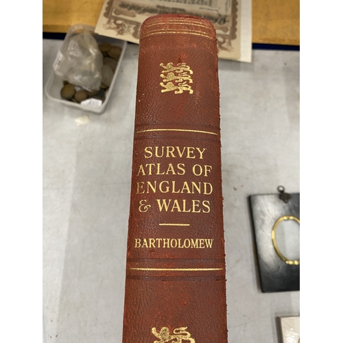 17 - A JOHN BARTHOLOMEW SURVEY ATLAS OF ENGLAND AND WALES, 1939, LEATHER HALF CALF