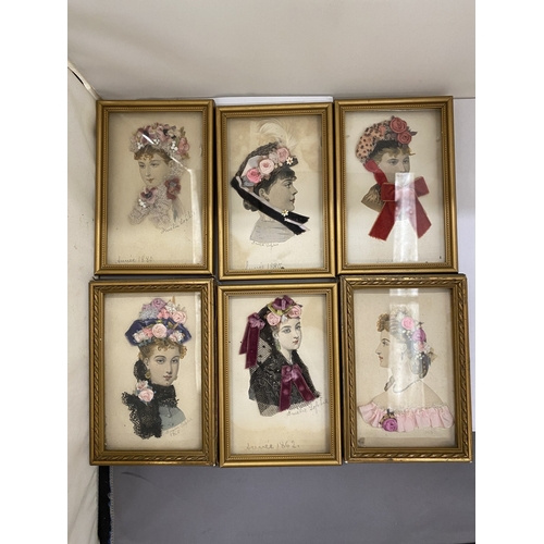 20 - SIX GILT FRAMED VICTORIAN LADIES PRINTS WITH FLORAL DECORATION, DATED 1862 - 1880 BY AMELIE SOPHIE