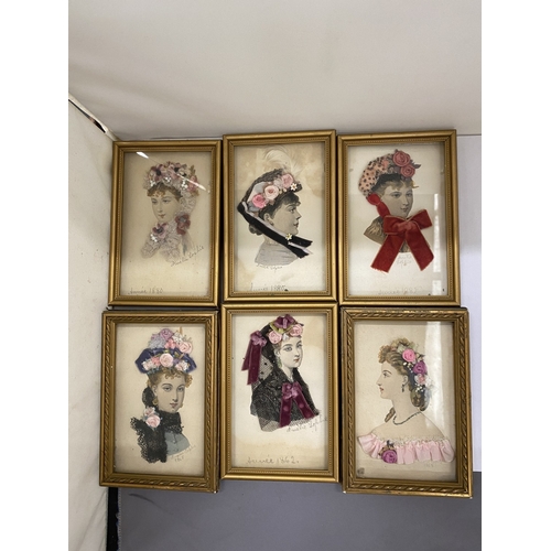 20 - SIX GILT FRAMED VICTORIAN LADIES PRINTS WITH FLORAL DECORATION, DATED 1862 - 1880 BY AMELIE SOPHIE