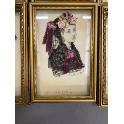 20 - SIX GILT FRAMED VICTORIAN LADIES PRINTS WITH FLORAL DECORATION, DATED 1862 - 1880 BY AMELIE SOPHIE