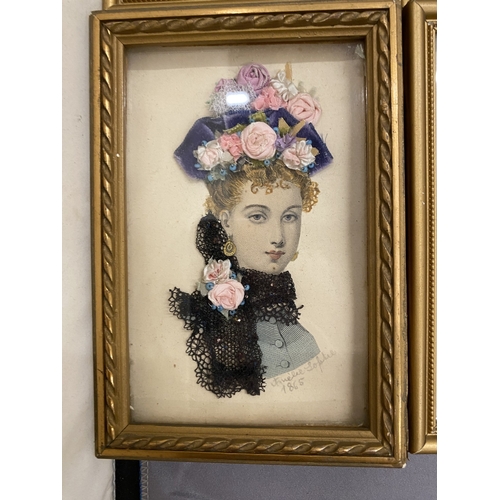 20 - SIX GILT FRAMED VICTORIAN LADIES PRINTS WITH FLORAL DECORATION, DATED 1862 - 1880 BY AMELIE SOPHIE