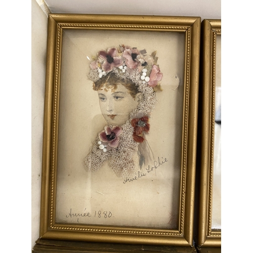 20 - SIX GILT FRAMED VICTORIAN LADIES PRINTS WITH FLORAL DECORATION, DATED 1862 - 1880 BY AMELIE SOPHIE