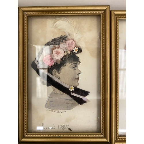 20 - SIX GILT FRAMED VICTORIAN LADIES PRINTS WITH FLORAL DECORATION, DATED 1862 - 1880 BY AMELIE SOPHIE