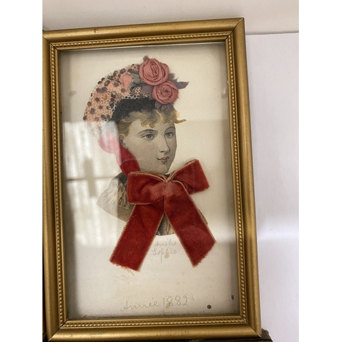 20 - SIX GILT FRAMED VICTORIAN LADIES PRINTS WITH FLORAL DECORATION, DATED 1862 - 1880 BY AMELIE SOPHIE