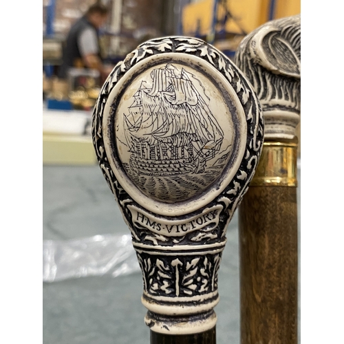 27 - THREE VINTAGE WALKING STICKS TO INCLUDE ONE WITH A YELLOW METAL COLLAR AND DOG HEAD HANDLE, ONE WITH... 