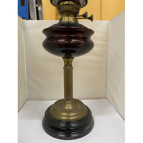 33 - A VINTAGE OIL LAMP WITH BRASS CORINTHIAN COLUMN, FROSTED GLASS SHADE AND FUNNEL, HEIGHT 62CM