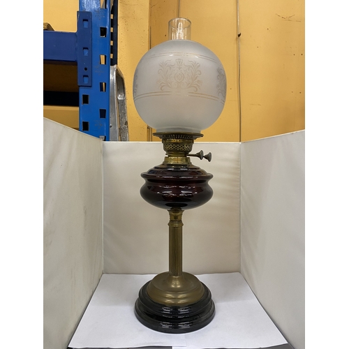 33 - A VINTAGE OIL LAMP WITH BRASS CORINTHIAN COLUMN, FROSTED GLASS SHADE AND FUNNEL, HEIGHT 62CM