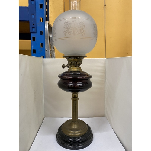 33 - A VINTAGE OIL LAMP WITH BRASS CORINTHIAN COLUMN, FROSTED GLASS SHADE AND FUNNEL, HEIGHT 62CM