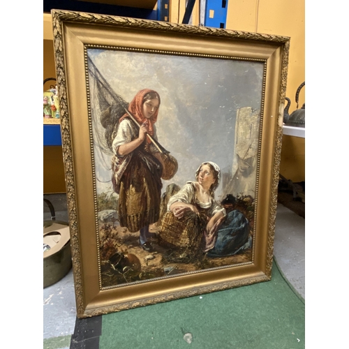 43 - A LARGE LATE 19TH CENTURY OIL ON CANVAS OF GIRLS TENDING FISHING NETS - IN A GILT FRAME, 110CM X 89C... 