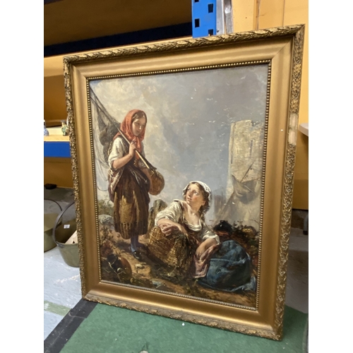 43 - A LARGE LATE 19TH CENTURY OIL ON CANVAS OF GIRLS TENDING FISHING NETS - IN A GILT FRAME, 110CM X 89C... 