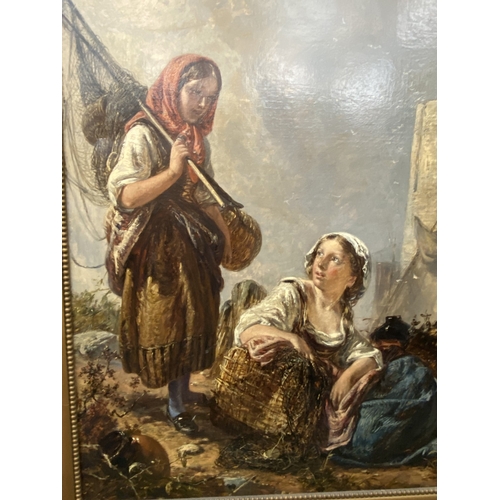 43 - A LARGE LATE 19TH CENTURY OIL ON CANVAS OF GIRLS TENDING FISHING NETS - IN A GILT FRAME, 110CM X 89C... 