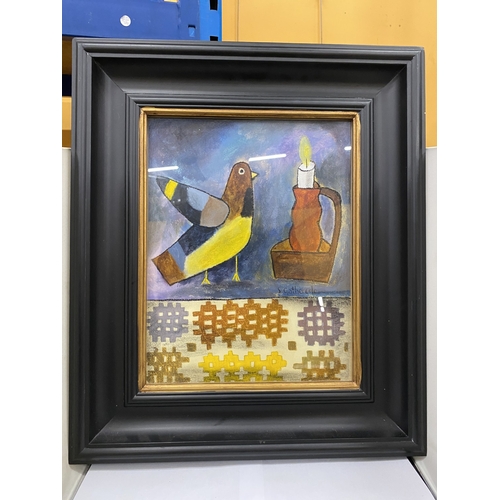53 - A SIGNED SUSAN GATHERCOLE RCA (GLASGOW), MIXED MEDIA PAINTING 'BIRD AND BRETHYN', 2019 IN A CONTEMPO... 