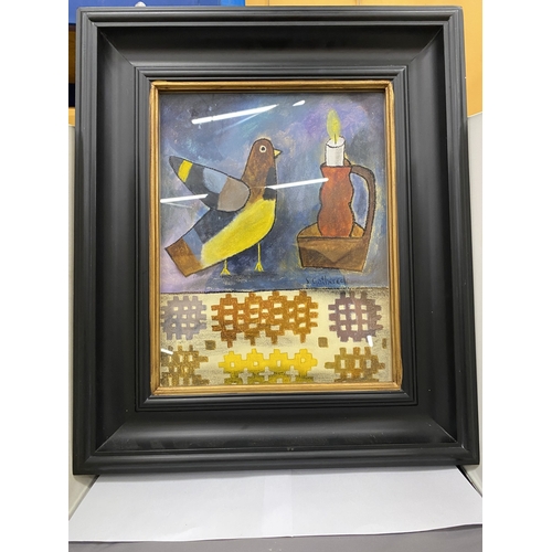 53 - A SIGNED SUSAN GATHERCOLE RCA (GLASGOW), MIXED MEDIA PAINTING 'BIRD AND BRETHYN', 2019 IN A CONTEMPO... 