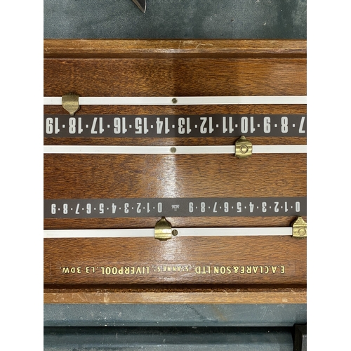 54 - A VINTAGE WOODEN BILLIARDS SCOREBOARD MANUFACTURED BY E.A. CLARE & SON LTD OF LIVERPOOL