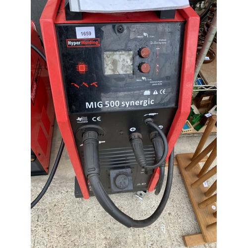 76 - A HYPERWELDING MIG500 SYNERGIC MIG WELDER WITH FOUR WHEELED TROLLEY BASE  NO VAT