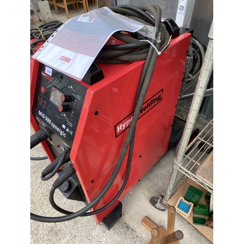 76 - A HYPERWELDING MIG500 SYNERGIC MIG WELDER WITH FOUR WHEELED TROLLEY BASE  NO VAT