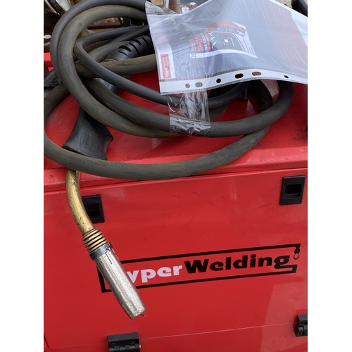 76 - A HYPERWELDING MIG500 SYNERGIC MIG WELDER WITH FOUR WHEELED TROLLEY BASE  NO VAT