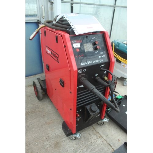 76 - A HYPERWELDING MIG500 SYNERGIC MIG WELDER WITH FOUR WHEELED TROLLEY BASE  NO VAT