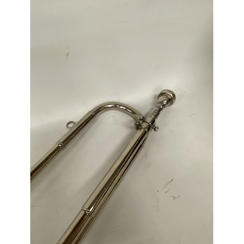 35 - A VINTAGE SILVER PLATED BOOSEY AND HAWKES FANFARE TRUMPET