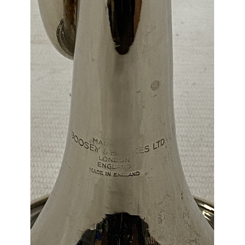 35 - A VINTAGE SILVER PLATED BOOSEY AND HAWKES FANFARE TRUMPET