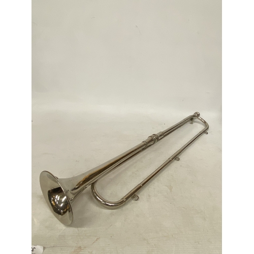 35 - A VINTAGE SILVER PLATED BOOSEY AND HAWKES FANFARE TRUMPET