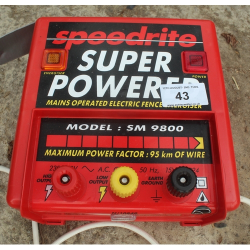 43 - A SPEEDRITE SUPER POWEREDMAINS OPERATED ELECTRIC FENCE ENERGISER MODEL SM9800 IN WORKING ORDER  NO  ... 