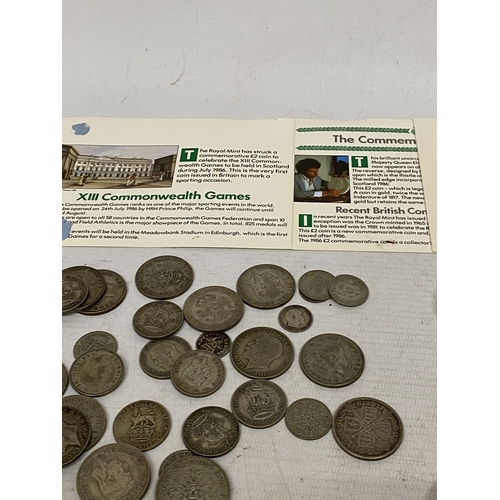 51 - A TUB OF COINS TO INCLUDE 219 GMS, 7.5 OZS OF PRE 1947 SILVER COINAGE, 1986 COMMONWEALTH GAMES £2 CO... 