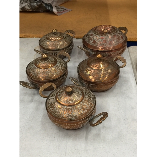 14 - FIVE KASHMIRI COPPER BOWLS WITH 'KANDKAARI' ENGRAVING