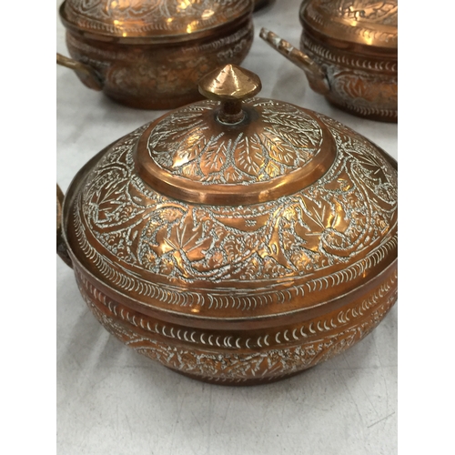 14 - FIVE KASHMIRI COPPER BOWLS WITH 'KANDKAARI' ENGRAVING