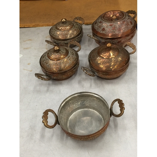 14 - FIVE KASHMIRI COPPER BOWLS WITH 'KANDKAARI' ENGRAVING