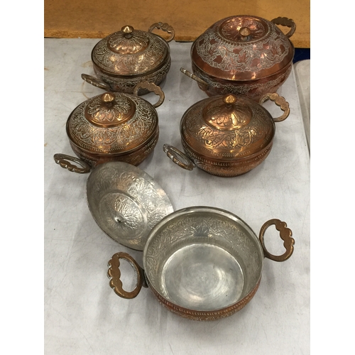 14 - FIVE KASHMIRI COPPER BOWLS WITH 'KANDKAARI' ENGRAVING
