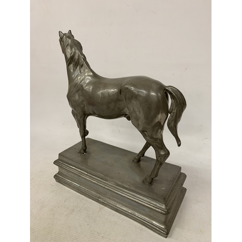 2 - A LARGE PEWTER MODEL OF A HORSE, ON A PLINTH, HEIGHT  37CM, WIDTH 31CM